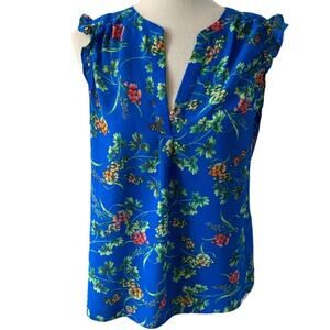 Rose and olive  bright blue floral top blouse. Size Small